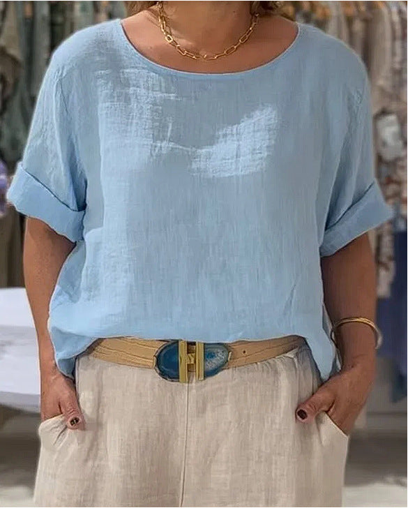 Damen lässige Leinenbluse mit umschlagbaren Ärmeln und weitem Schnitt Drune
