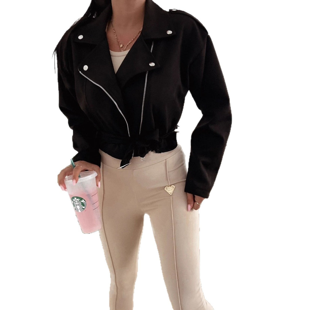 Damen Lässige Übergangsjacke im Biker-Stil mit Taillengürtel Drune