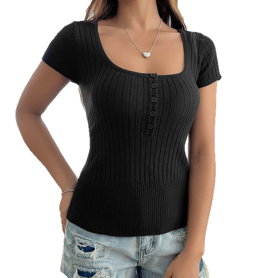 Damen Komfortables Kurzarm-Rippoberteil mit Knopfdetails Drune