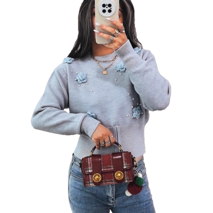 Damen Strickpullover mit floralen Applikationen und glänzenden Perlen Drune