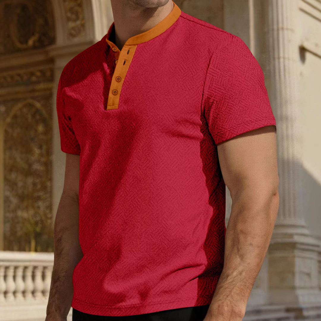 Herren nan schlankes Kurzarm-Henley-Poloshirt mit Mandarin-Kragen und feiner Jacquardstruktur Drune