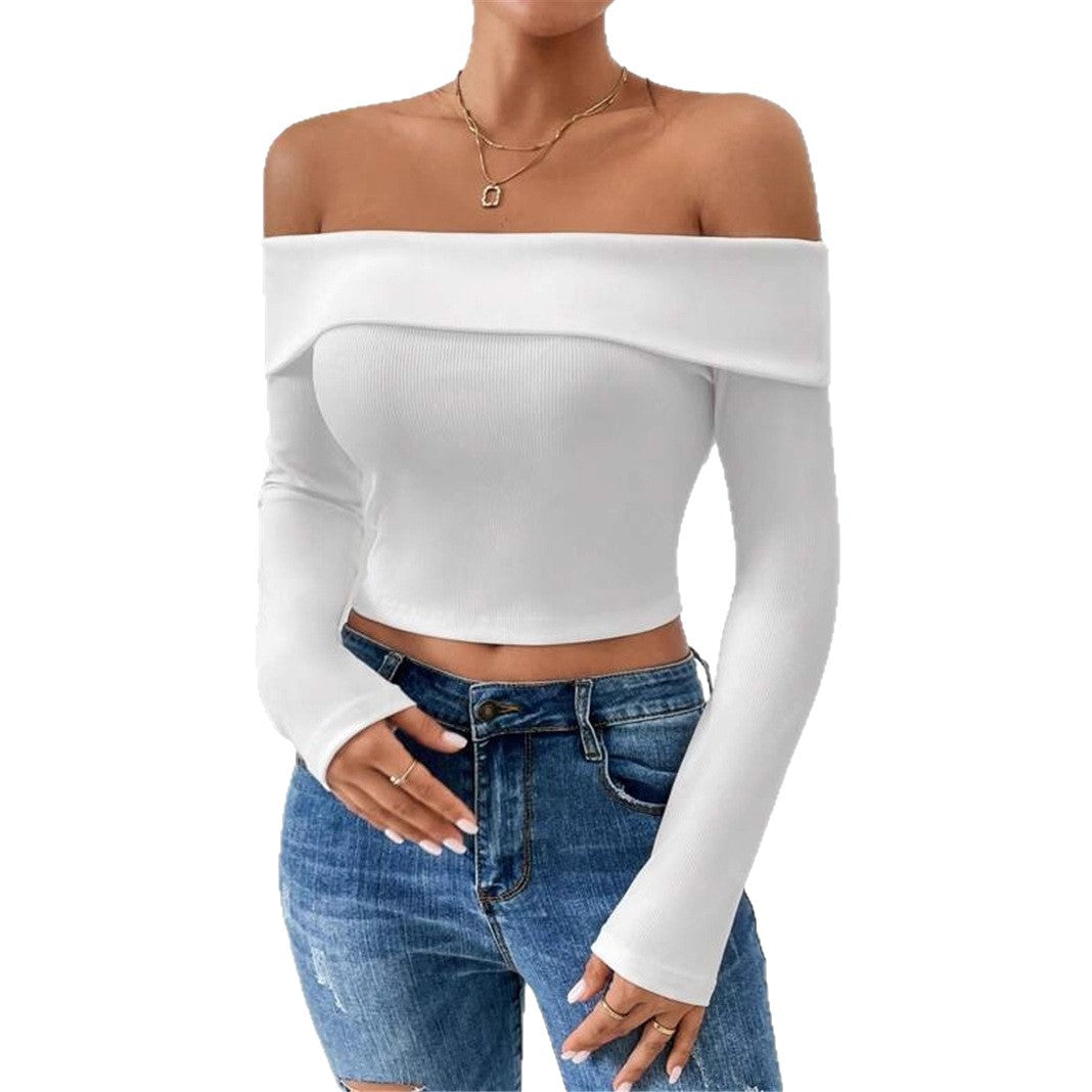 Damen Off-Shoulder Crop-Top mit langen Ärmeln und feiner Rippstruktur Drune