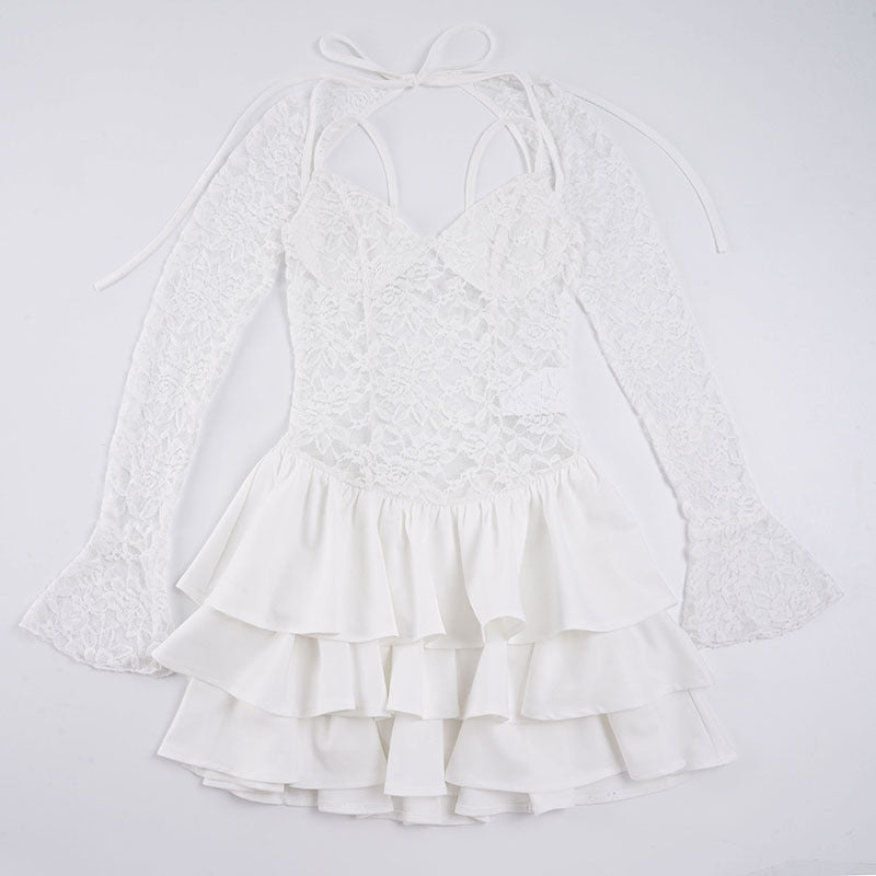 Damen Elegantes Spitzenkleid mit Rüschensaum und langen Ärmeln Drune