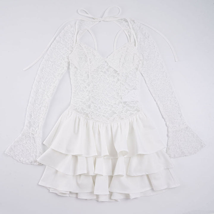 Damen Elegantes Spitzenkleid mit Rüschensaum und langen Ärmeln Drune