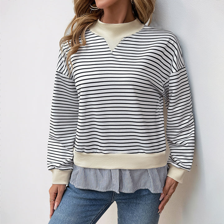 Damen modisches Sweatshirt mit asymmetrischem Streifenmuster und Rüschenabschluss Drune