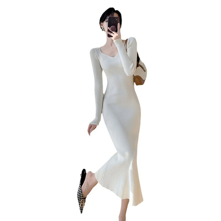 Damen Strickkleid mit elegantem V-Ausschnitt und ausgestelltem Saum Drune