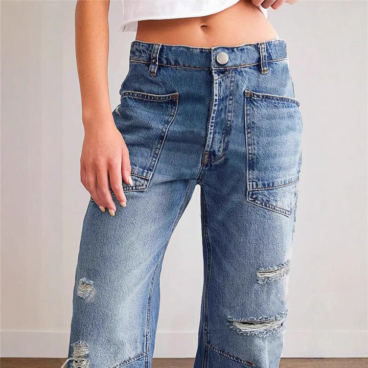 Damen weit geschnittene Jeans mit kreativen Taschen und Destroyed-Details Drune
