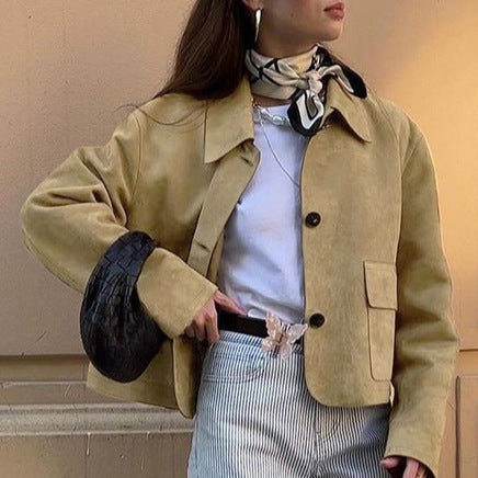 Damen Kurzjacke aus Wildleder mit großen Taschen und Button-Down-Verschluss Drune
