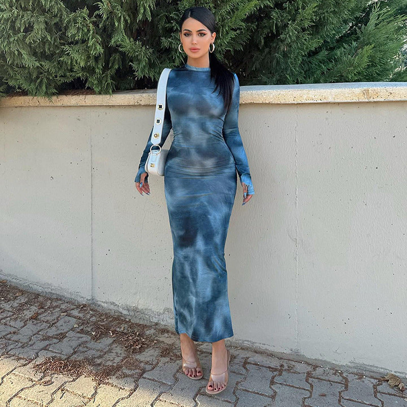 Damen Langarm-Maxi Kleid mit tiefer Ausschnitt Drune