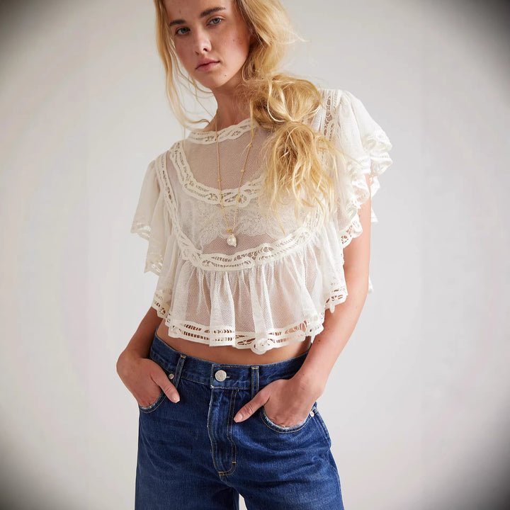 Damen Elegante Häkelbluse mit voluminösen Rüschendetails und transparentem Stoff Drune