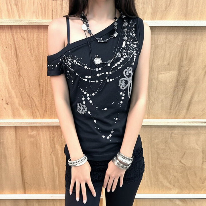 Damen asymmetrisches Tanktop mit stylischem Druck und verzierten Applikationen Drune