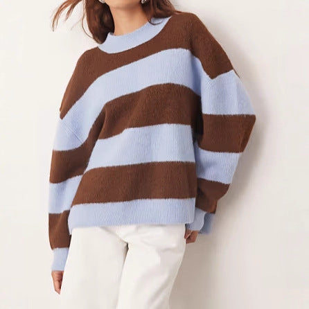 Damen oversized Strickpullover mit gestreiftem Muster und weitem Schnitt Drune