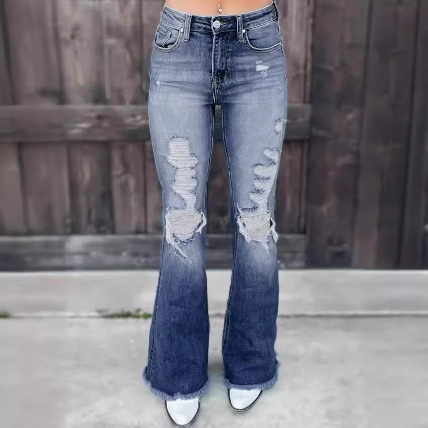 Damen Flared Jeans mit Destroyed-Effekten und fransigem Saum Drune