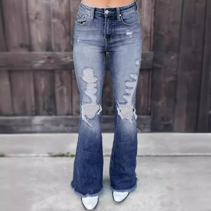 Damen Flared Jeans mit Destroyed-Effekten und fransigem Saum Drune