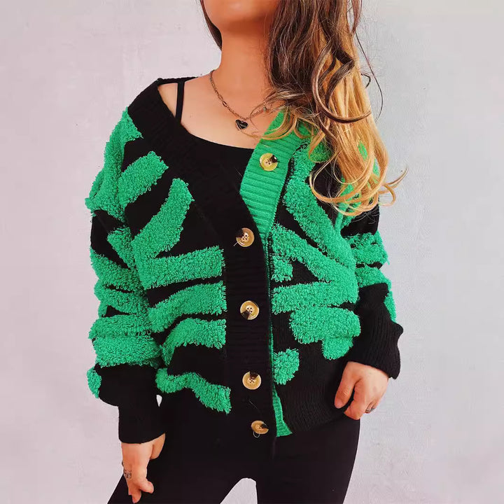 Damen modische Strickjacke mit grafischem Muster und luxuriösen Knöpfen Drune