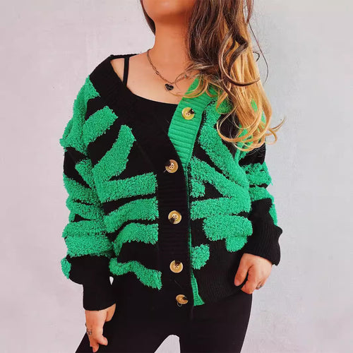 Damen modische Strickjacke mit grafischem Muster und luxuriösen Knöpfen Drune