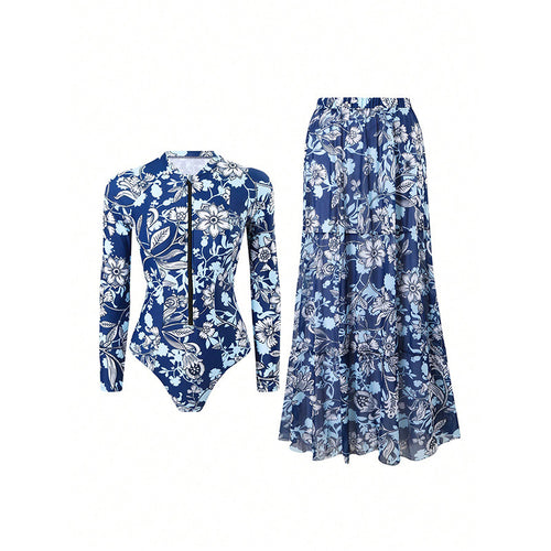 Damen Badeanzug mit langärmligem Design und floralem Maxirock Drune