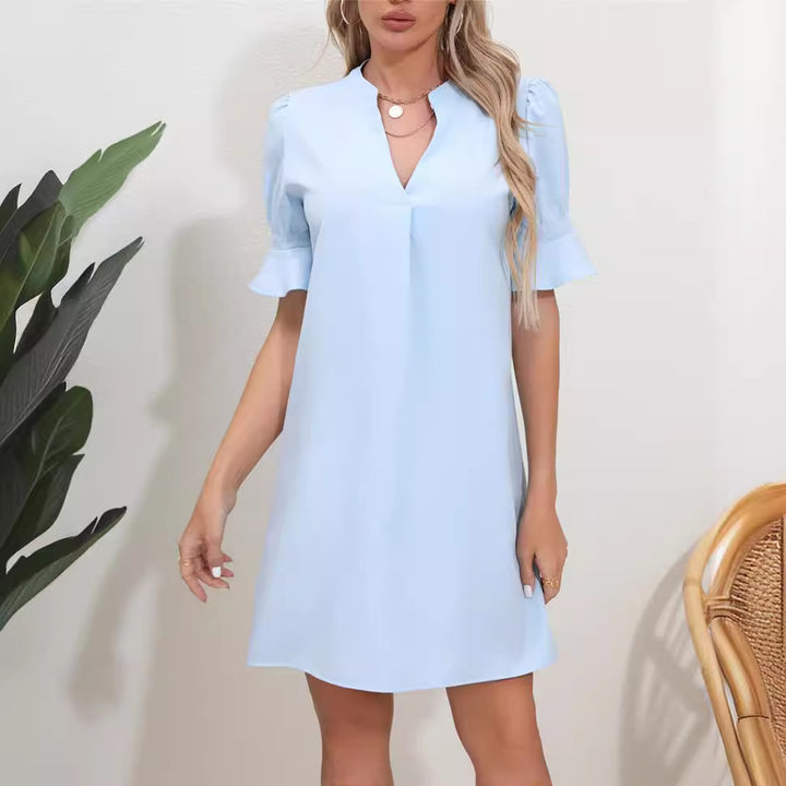 Damen elegantes kurzärmeliges Kleid mit V-Ausschnitt Drune