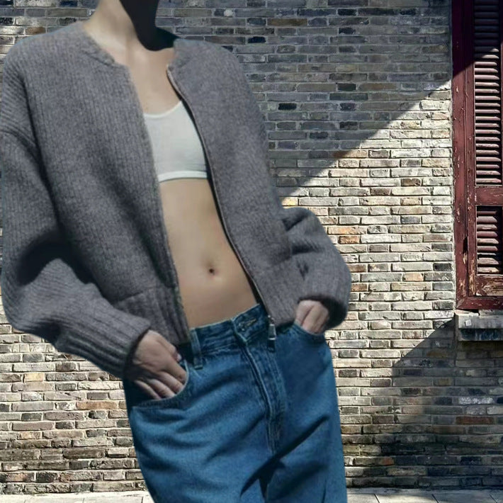 Damen lässiger Strickjacke mit hochgeschlossenem Reißverschluss und voluminösen Ärmeln Drune