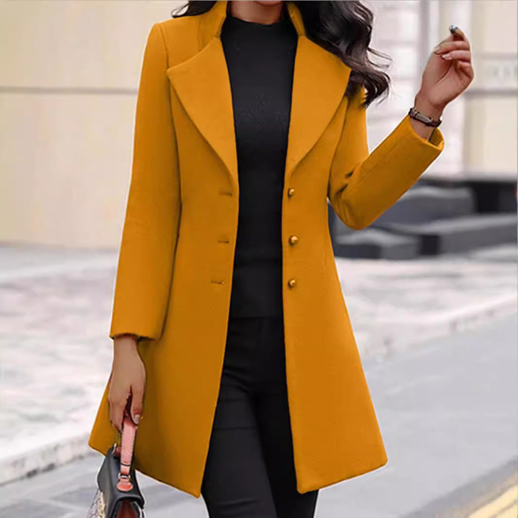 Damen zeitloser Wollmantel mit stilvollem Revers und eleganter Knopfleiste Drune