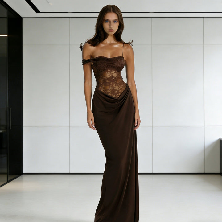 Damen Elegantes Abendkleid mit transparentem Spitzenoberteil und fließendem Rock Drune