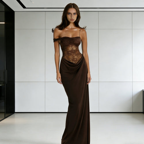 Damen Elegantes Abendkleid mit transparentem Spitzenoberteil und fließendem Rock Drune