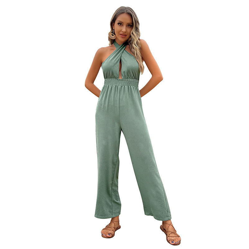 Damen lässiger Jumpsuit mit raffiniertem Schulterdesign und elastischem Taillengürtel Drune