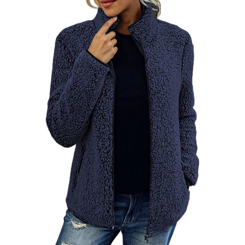 Damen flauschige Fleecejacke mit hohem Kragen und seitlichen Taschen Drune