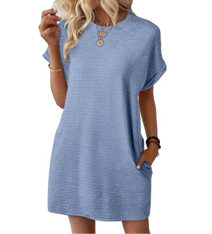 Damen lässiges Kurzarmkleid mit strukturiertem Stoff und seitlichen Taschen Drune