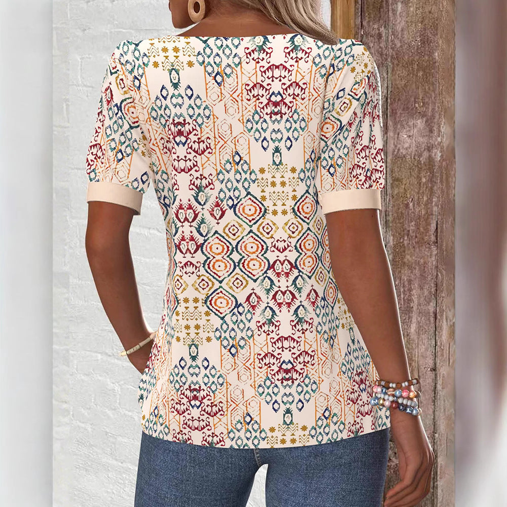 Damen nan leichtes Boho-Blusenshirt mit quadratischem Ausschnitt, Zierknopfleiste und geschwungenem Saum Drune