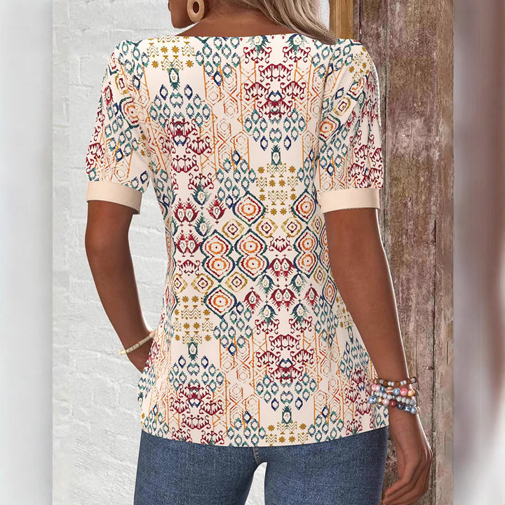 Damen nan leichtes Boho-Blusenshirt mit quadratischem Ausschnitt, Zierknopfleiste und geschwungenem Saum Drune