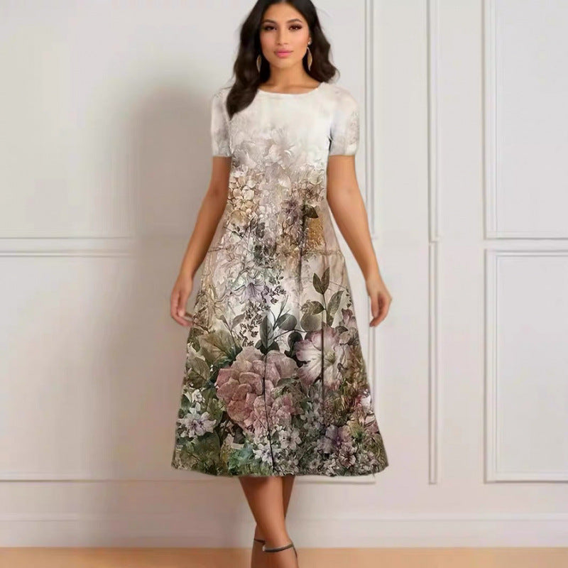 Damen Elegantes Maxikleid mit floralem Design und zartem Rundhalsausschnitt Drune