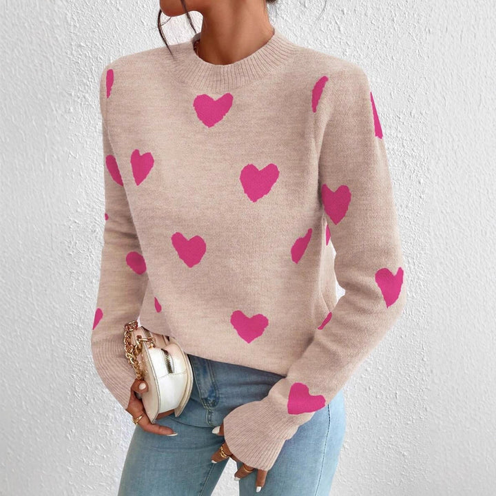Damen Strickpullover mit herzförmigem Muster und hohem Kragen Drune