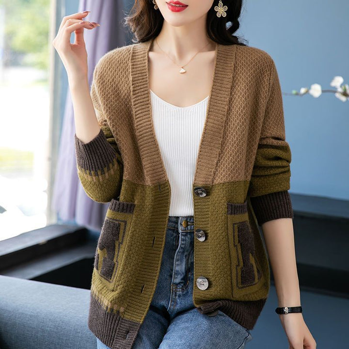 Damen lässige Strickjacke mit modernen Zopfmustern und praktischen Taschen Drune