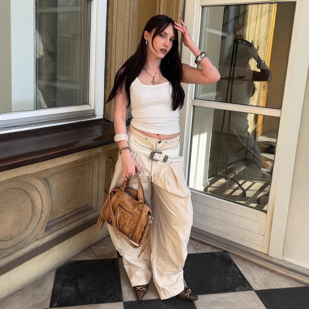Damen weite stylistische Hose mit dekorativer Taillenbindung und Komfortschnitt Drune