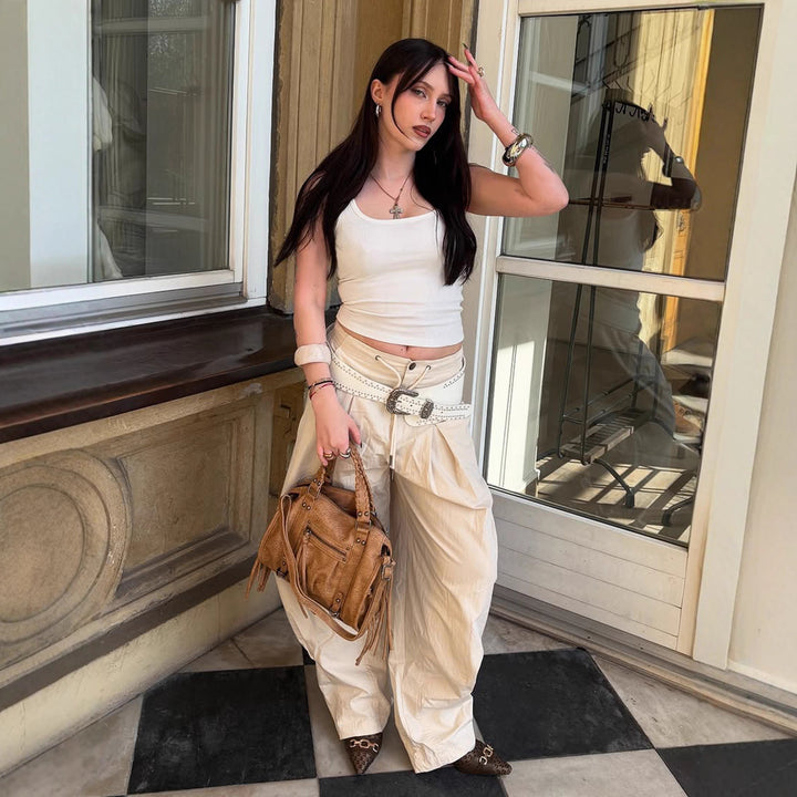 Damen weite stylistische Hose mit dekorativer Taillenbindung und Komfortschnitt Drune