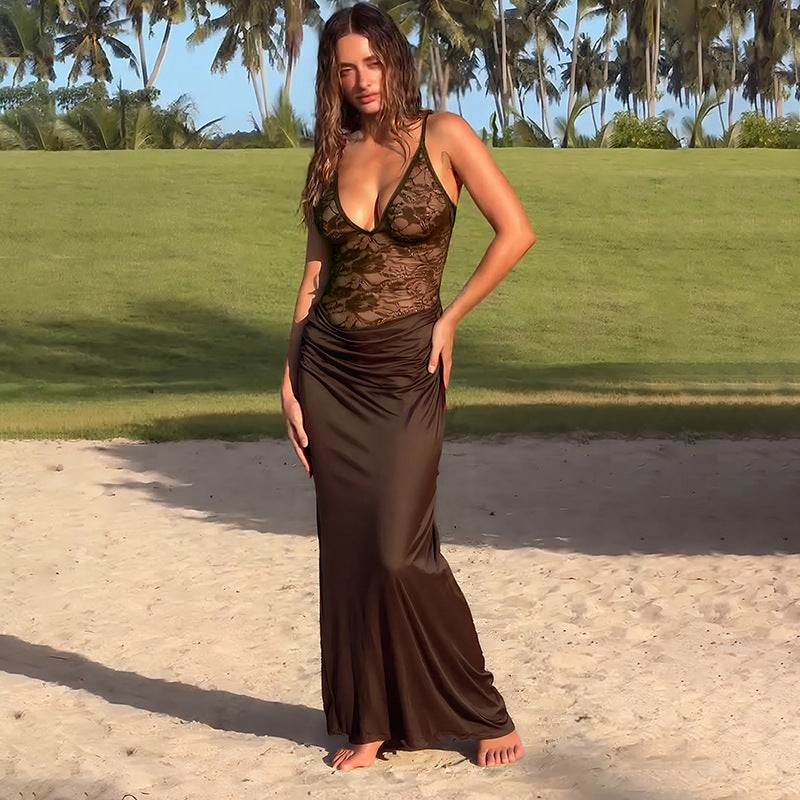 Damen Maxikleid mit Spitzenoberteil Drune