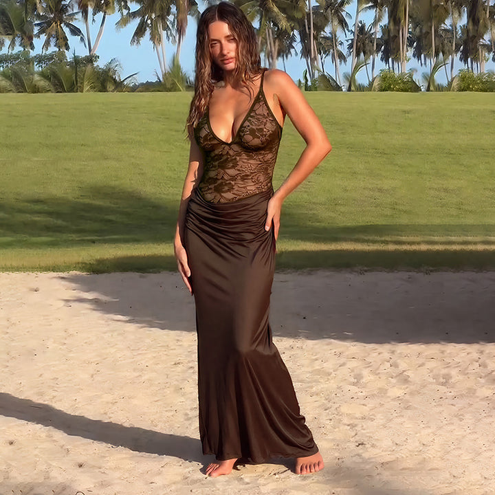 Damen Maxikleid mit Spitzenoberteil Drune