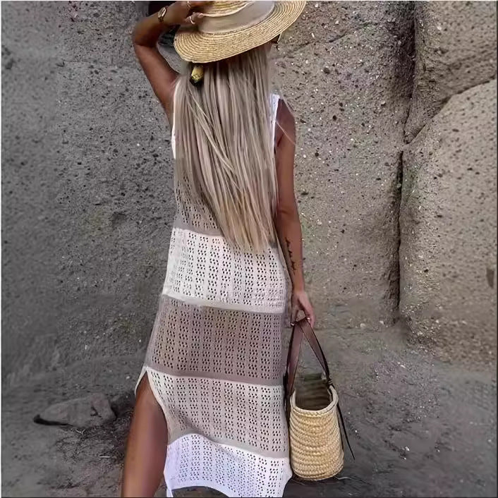 Damen Lässiges Strickkleid mit raffiniertem Lochmuster und seitlichen Schlitzen Drune
