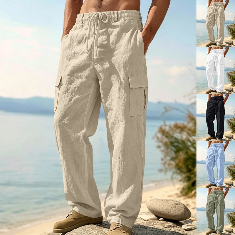 Herren nan entspannt geschnittene Strand-Cargohose aus Leinenblend mit elastischem Tunnelzug und zweifacher Klapptasche Drune