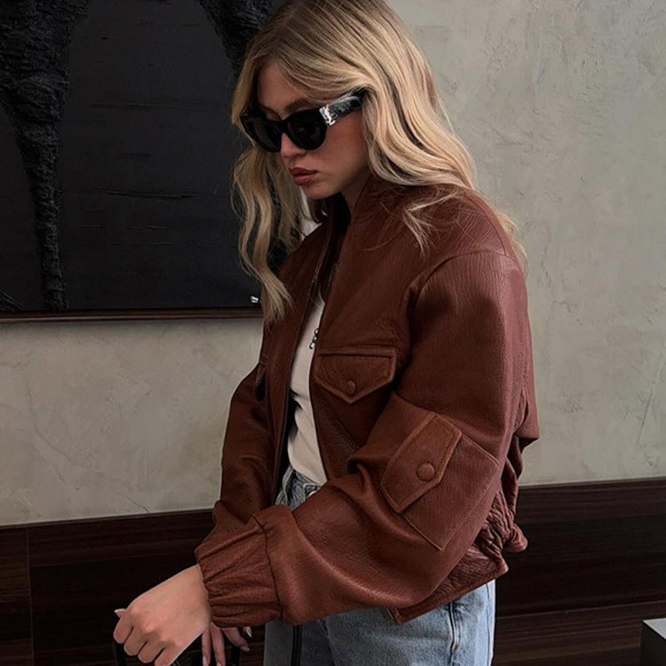 Damen Modische Kunstlederjacke mit dekorativen Detail Drune