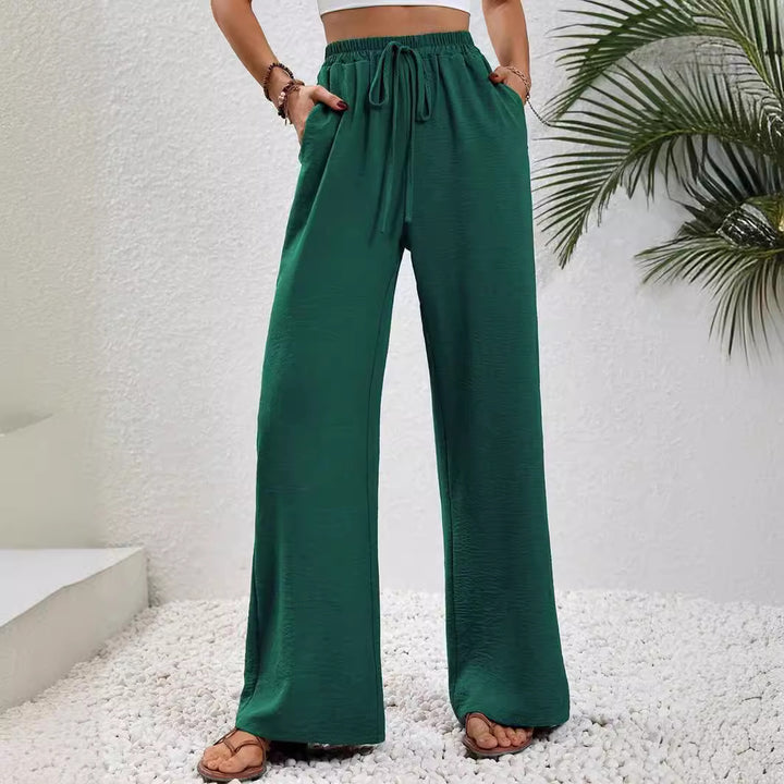 Damen elegante weite Hose aus leichtem Baumwollgemisch mit Gummizug Drune