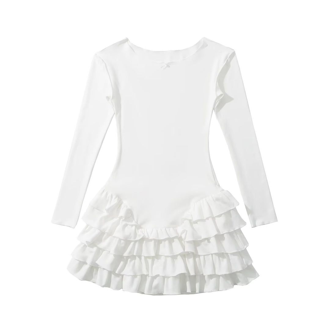Damen Rüschens Mini-Kleid mit langen Ärmeln und ausgestelltem Saum Drune
