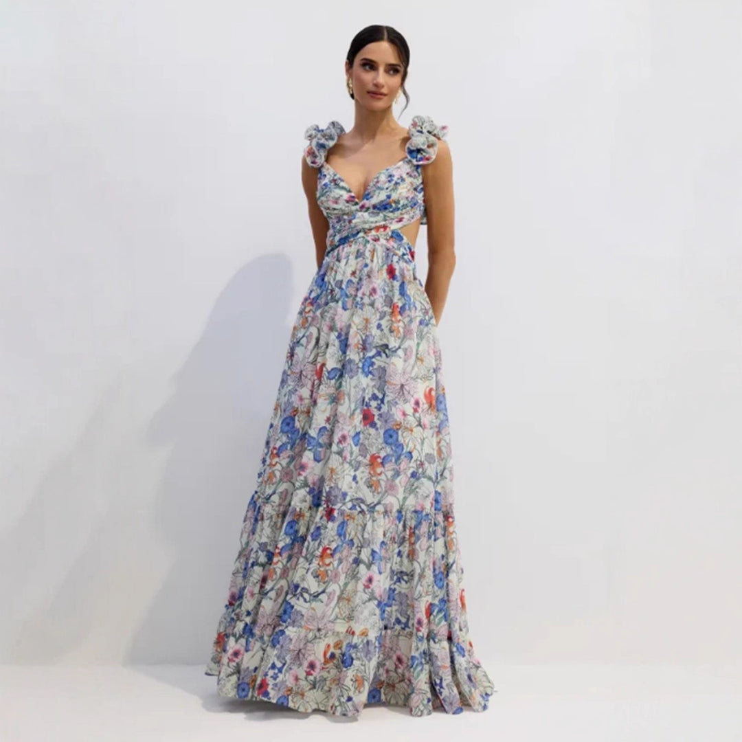 Damen Maxikleid mit floralem Print und romantischen Rüschen Drune