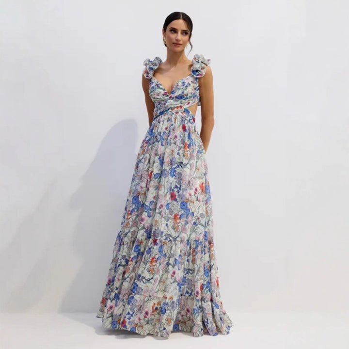 Damen Maxikleid mit floralem Print und romantischen Rüschen Drune