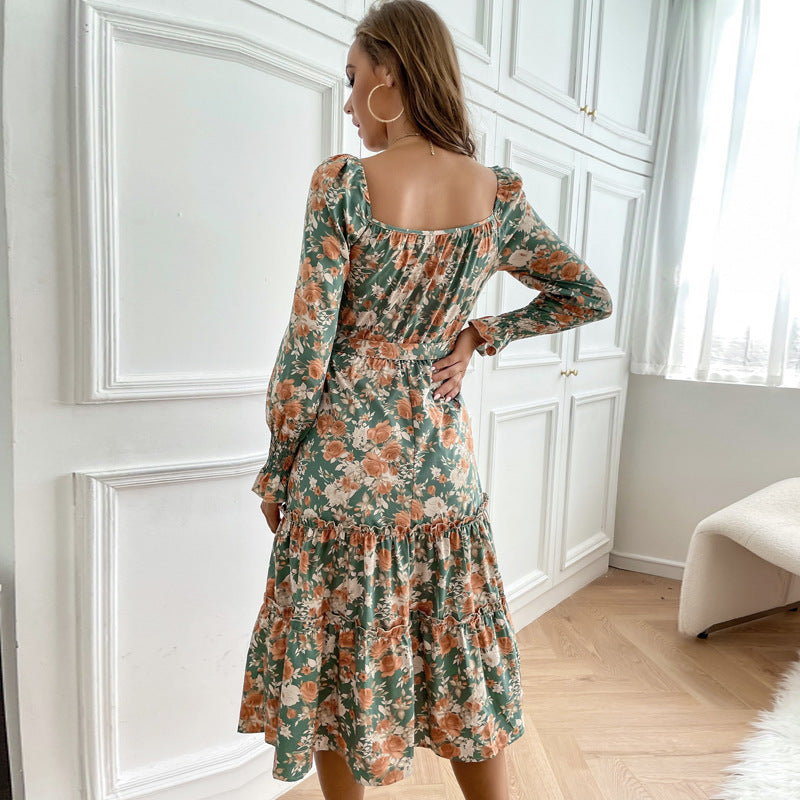 Damen Maxikleid mit floralen Rüschendetails und elegantem Bindeband Drune