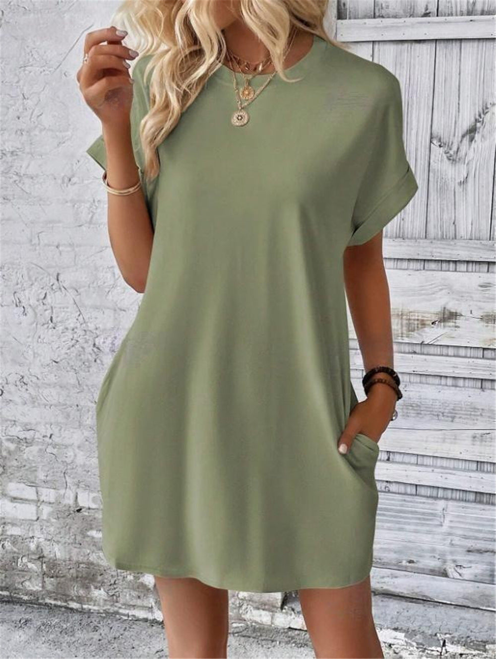 Damen lässiges Kurzarm-Dress mit Seitentaschen Drune