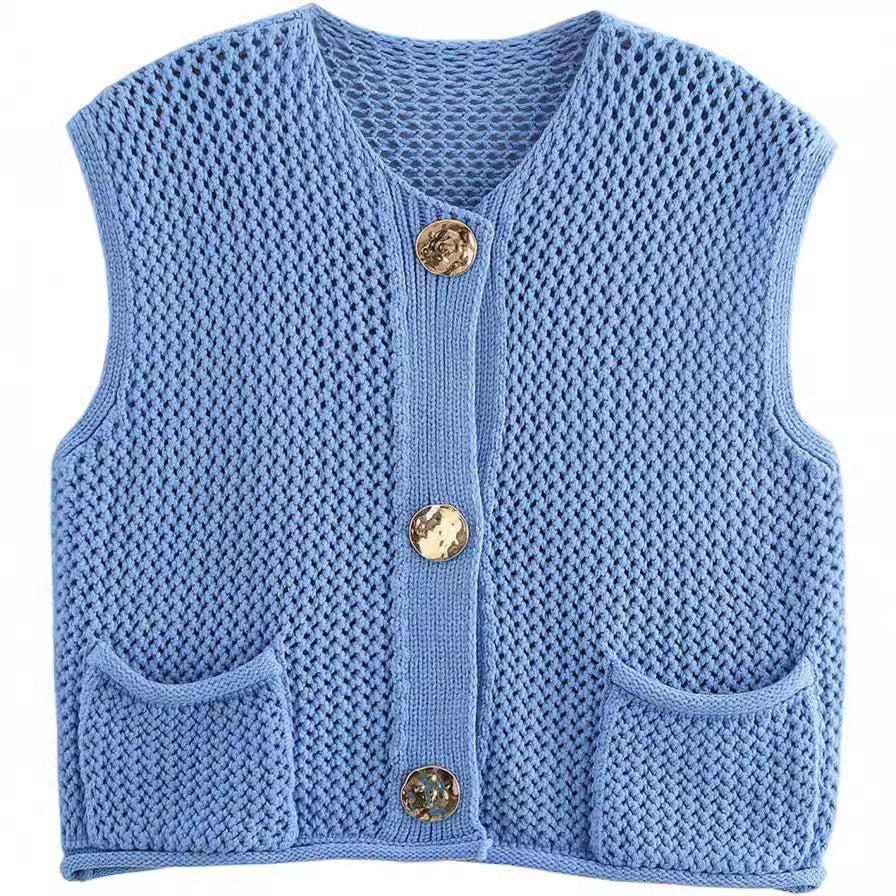 Damen Strickweste mit dekorativen Knöpfen und Taschen Drune