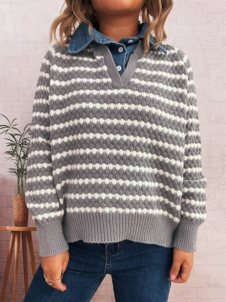 Damen Strickpullover mit tiefem V-Ausschnitt und markantem Streifenmuster Drune