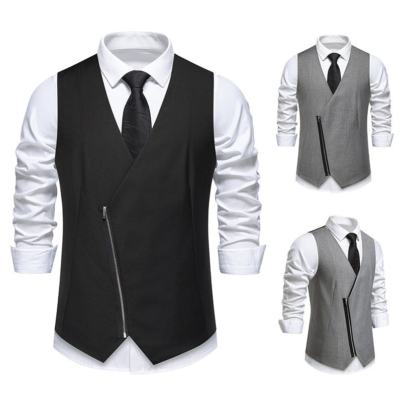 Herren moderne Anzugweste mit asymmetrischem Reißverschluss und eleganter Passform Drune